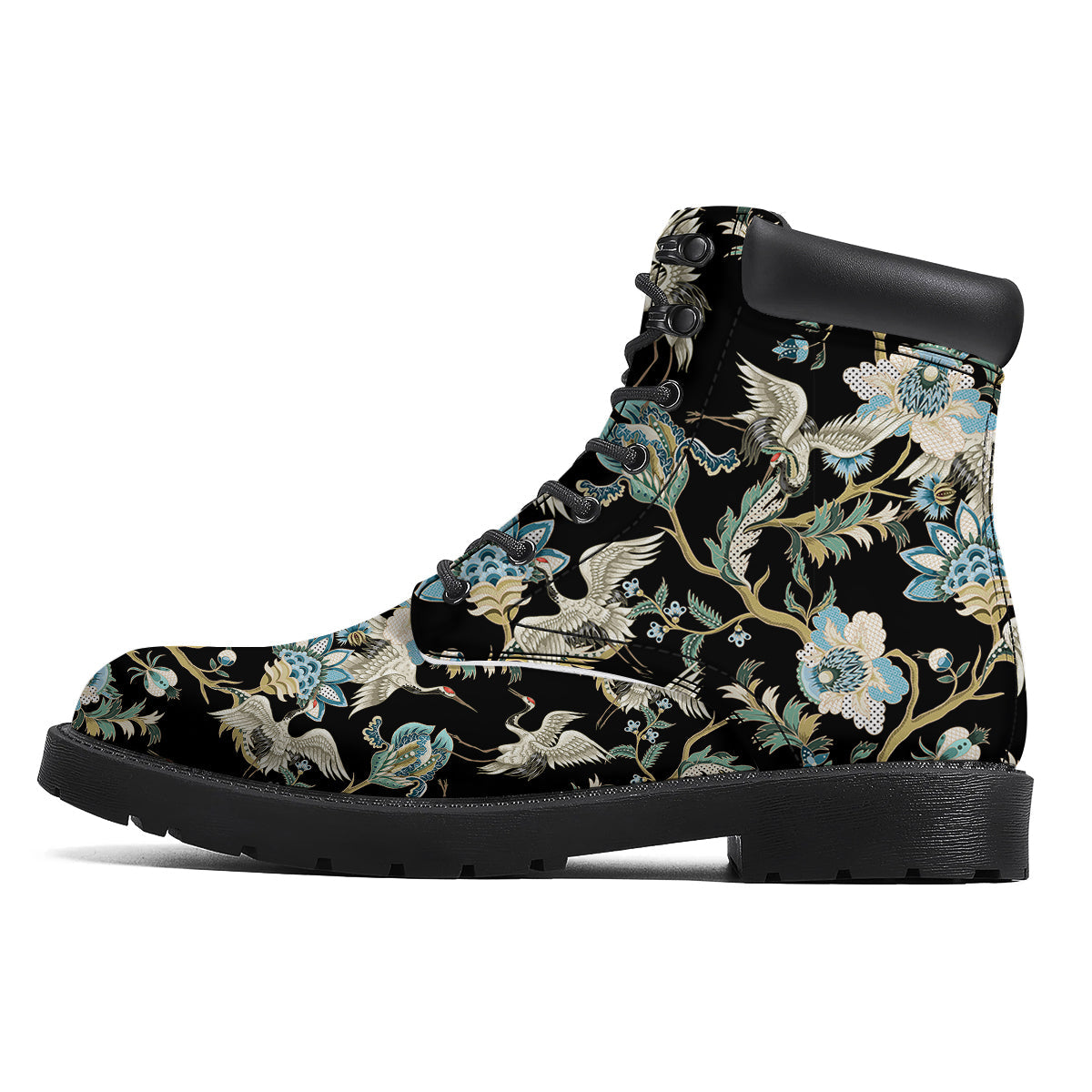 White Cranes Japanese Black Print Pattern Boots-grizzshop