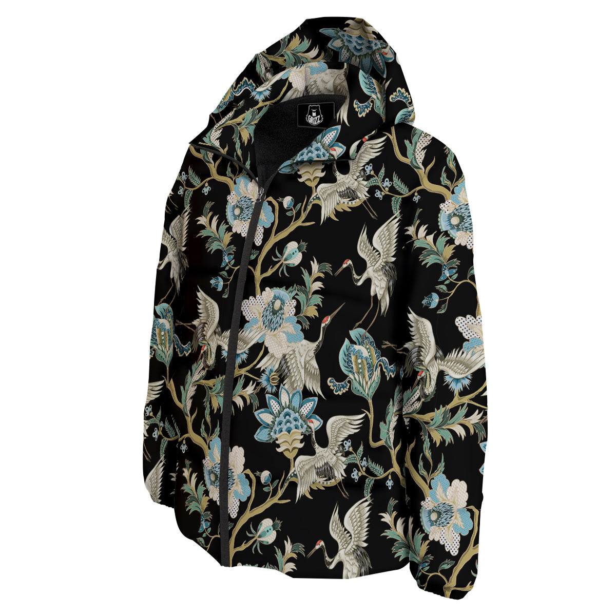 White Cranes Japanese Black Print Pattern Down Jacket-grizzshop