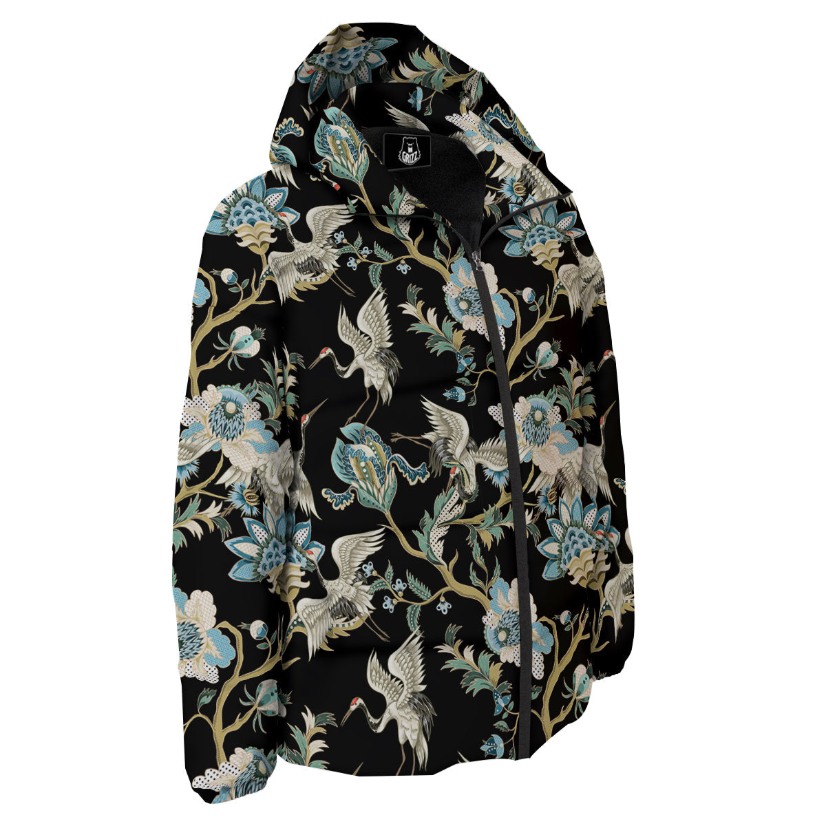White Cranes Japanese Black Print Pattern Down Jacket-grizzshop
