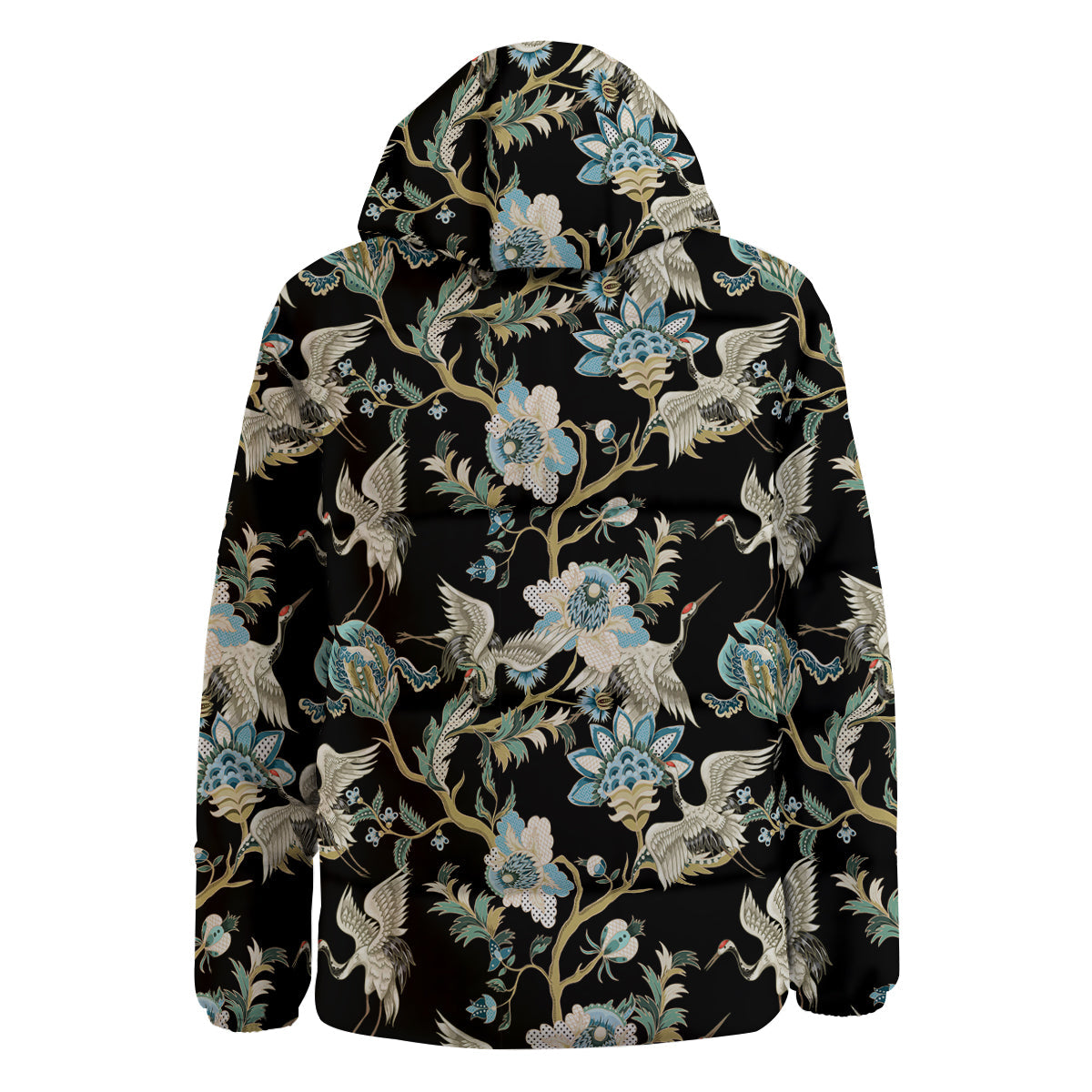 White Cranes Japanese Black Print Pattern Down Jacket-grizzshop