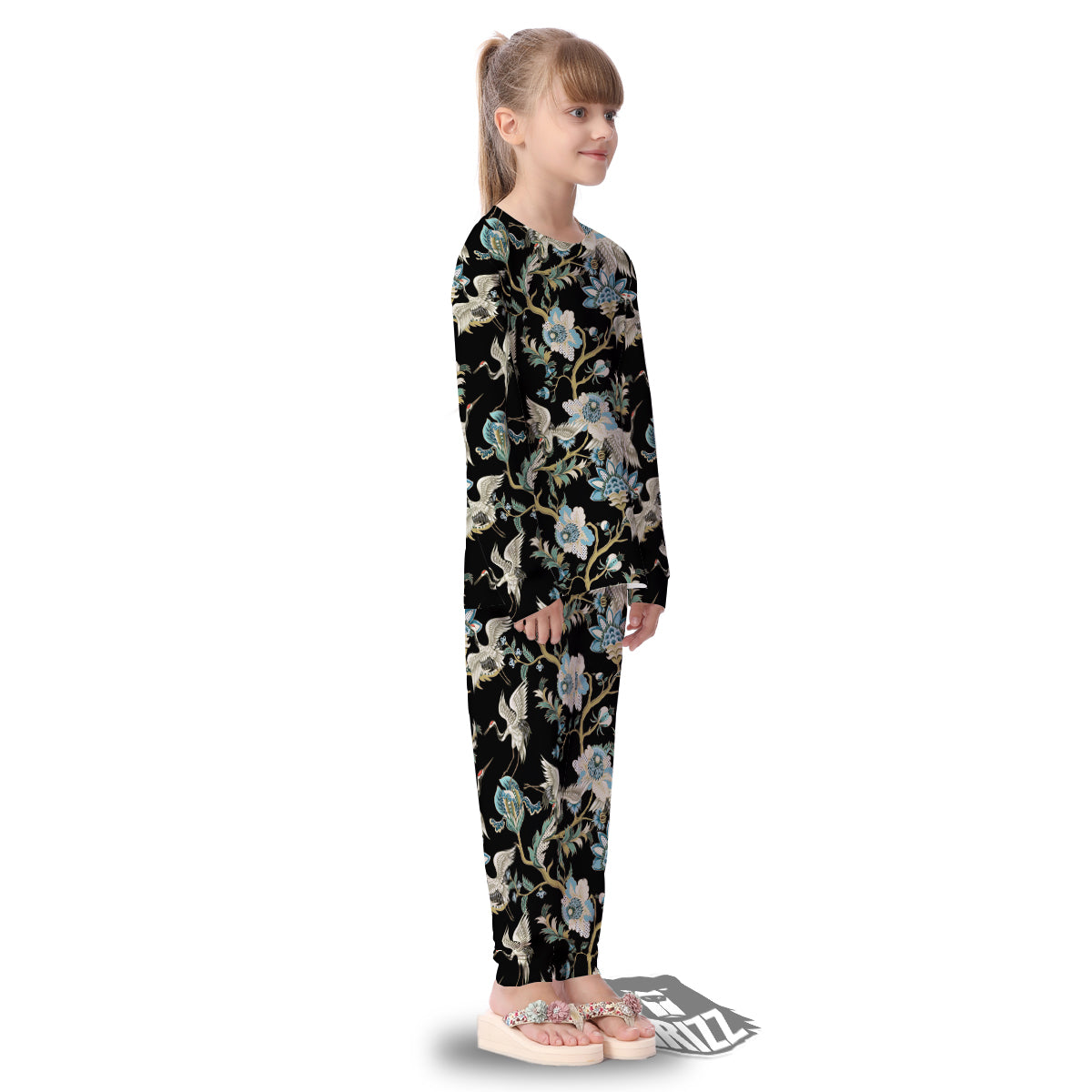 White Cranes Japanese Black Print Pattern Kid's Pajamas-grizzshop
