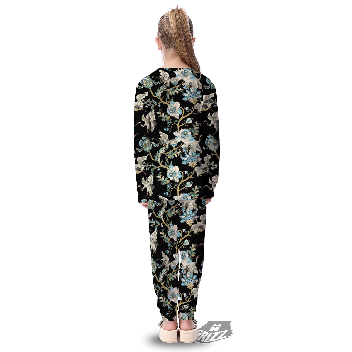 White Cranes Japanese Black Print Pattern Kid's Pajamas-grizzshop
