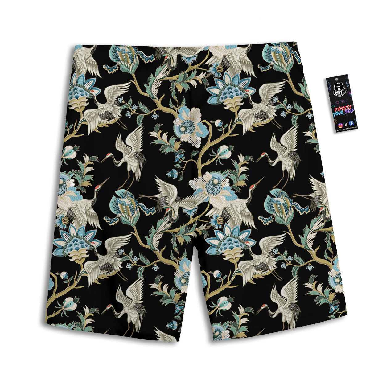 White Cranes Japanese Black Print Pattern Men's Athletic Shorts