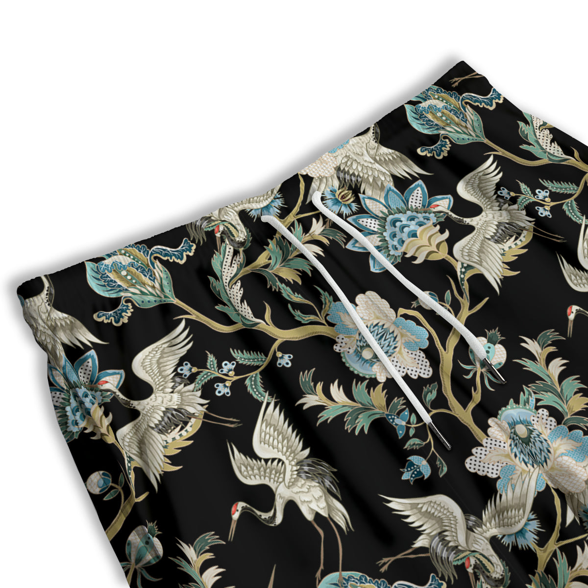 White Cranes Japanese Black Print Pattern Men's Athletic Shorts