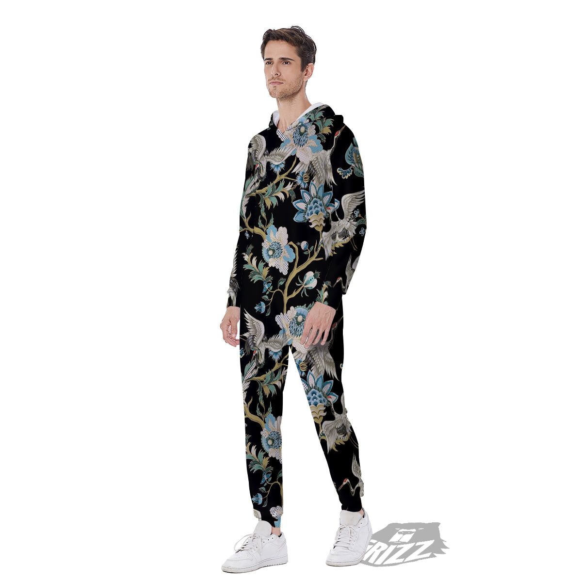 White Cranes Japanese Black Print Pattern Men's Jumpsuit-grizzshop
