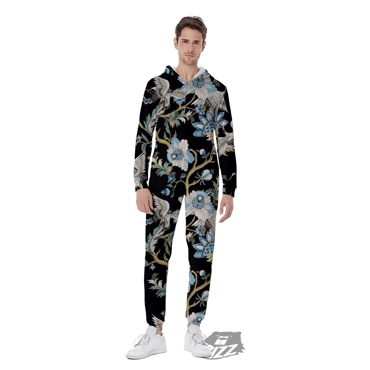 White Cranes Japanese Black Print Pattern Men's Jumpsuit-grizzshop