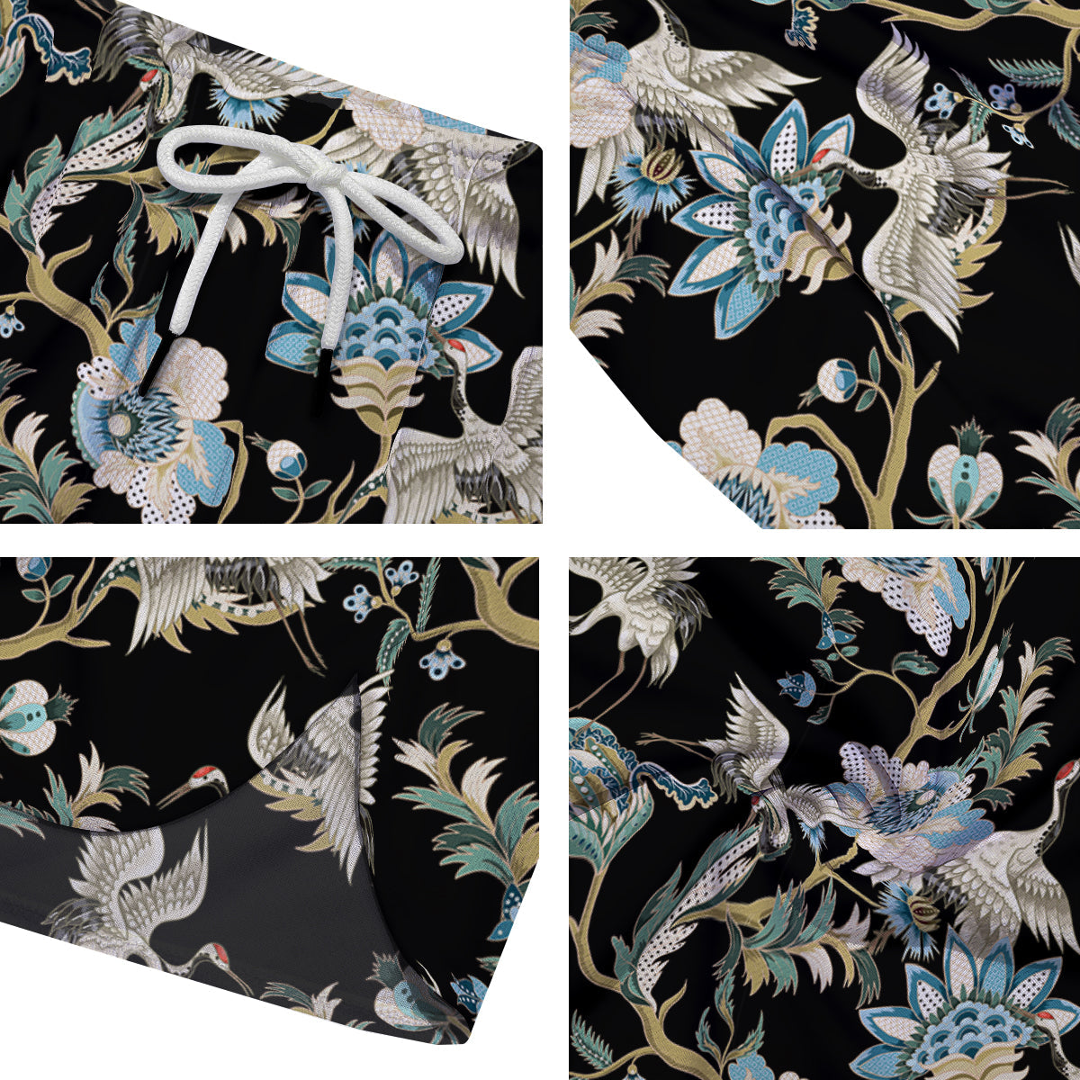 White Cranes Japanese Black Print Pattern Men's Running Shorts-grizzshop