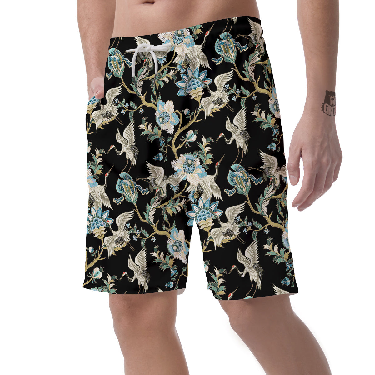 White Cranes Japanese Black Print Pattern Men's Shorts-grizzshop