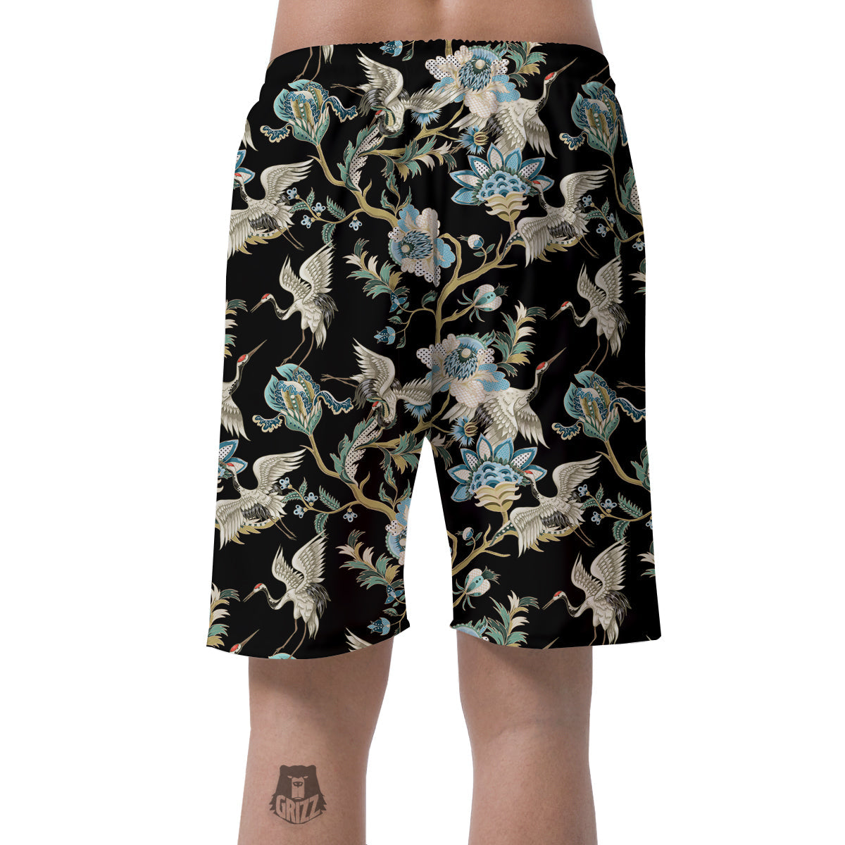 White Cranes Japanese Black Print Pattern Men's Shorts-grizzshop