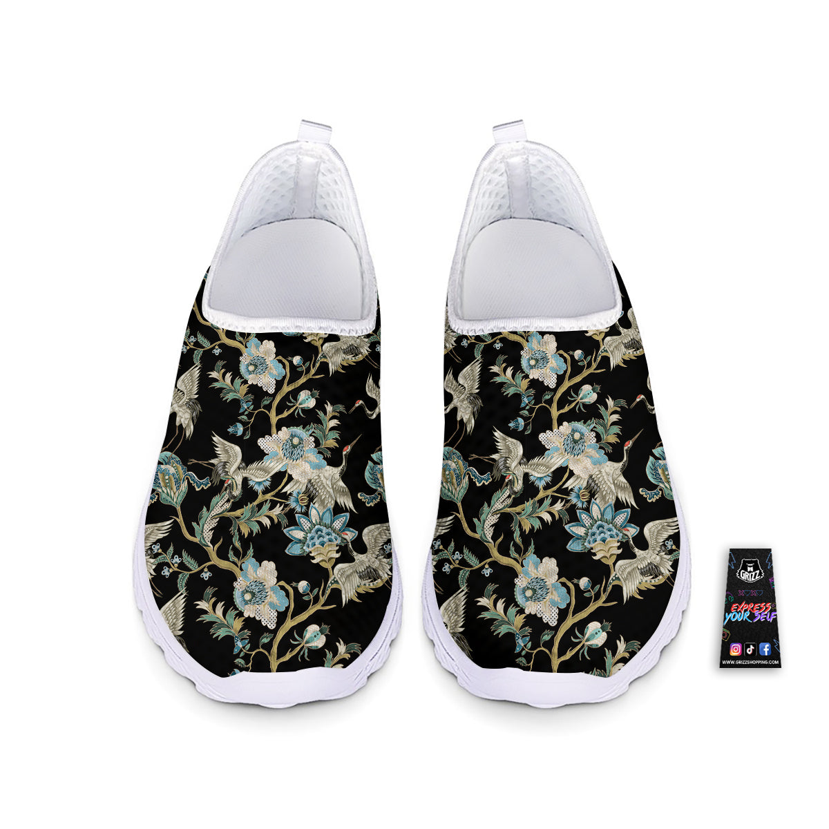 White Cranes Japanese Black Print Pattern Nurse Shoes-grizzshop