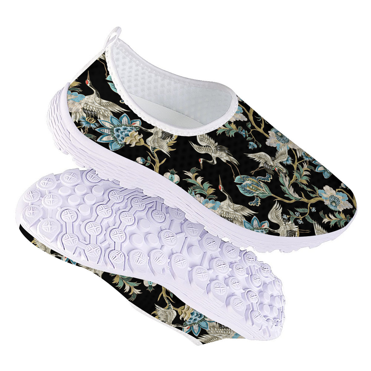 White Cranes Japanese Black Print Pattern Nurse Shoes-grizzshop