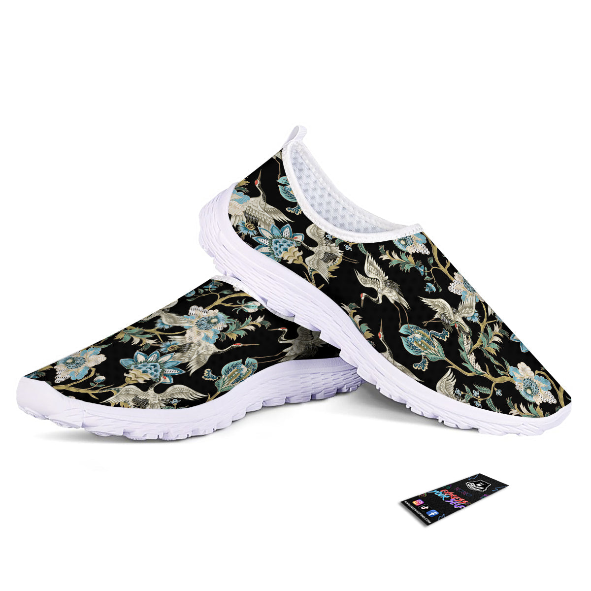 White Cranes Japanese Black Print Pattern Nurse Shoes-grizzshop