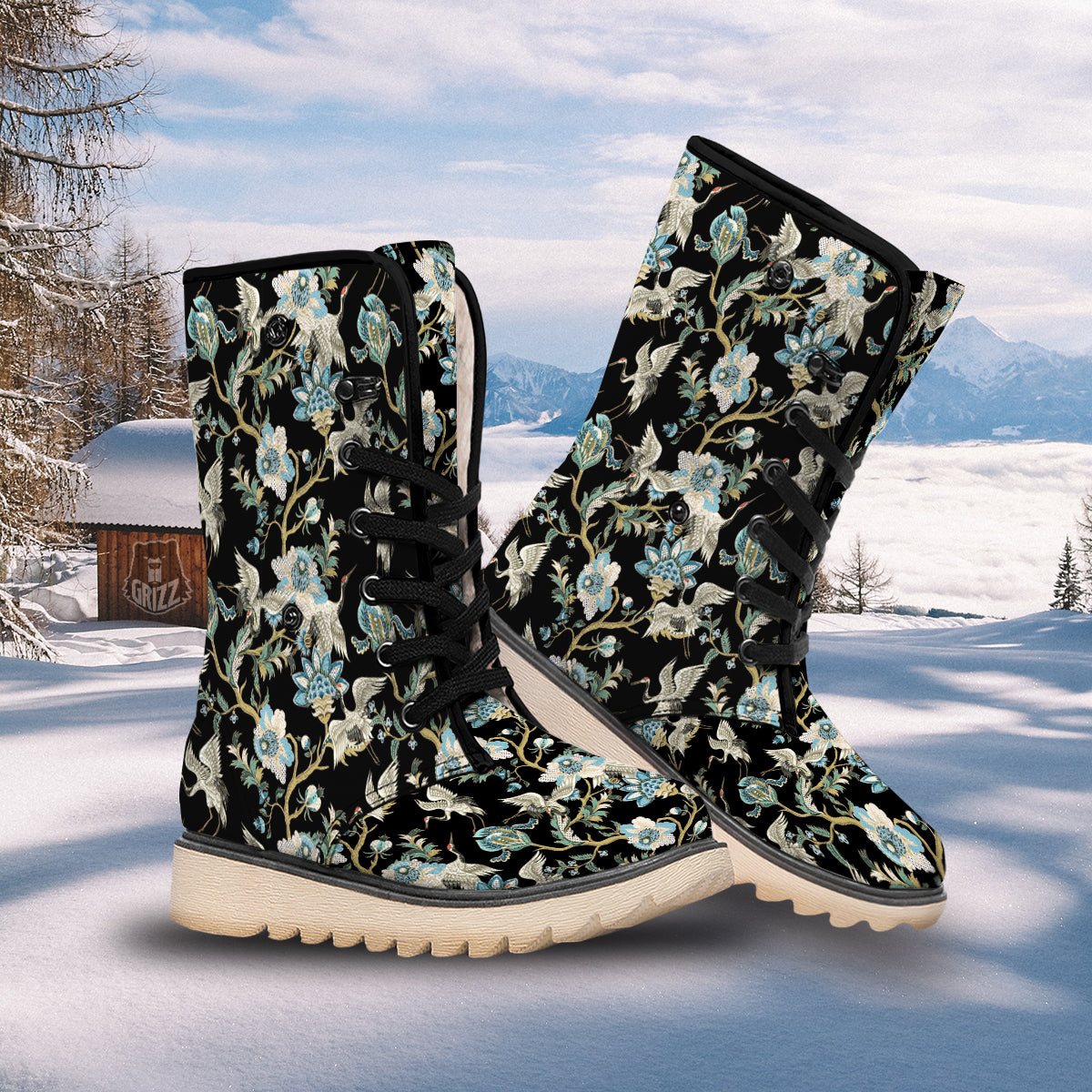White Cranes Japanese Black Print Pattern Snow Boots-grizzshop