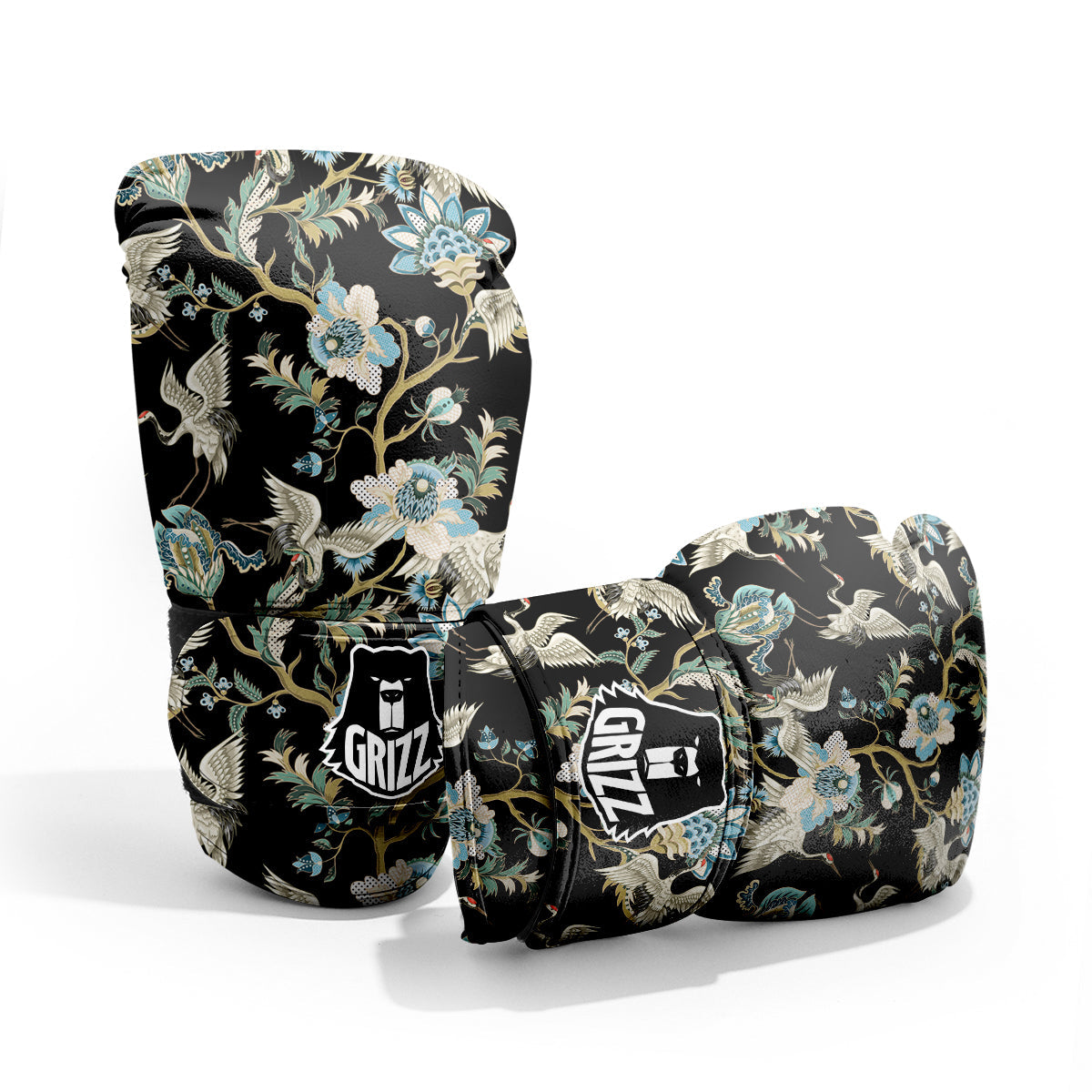 White Cranes Japanese Black Print Pattern Pro Boxing Glove