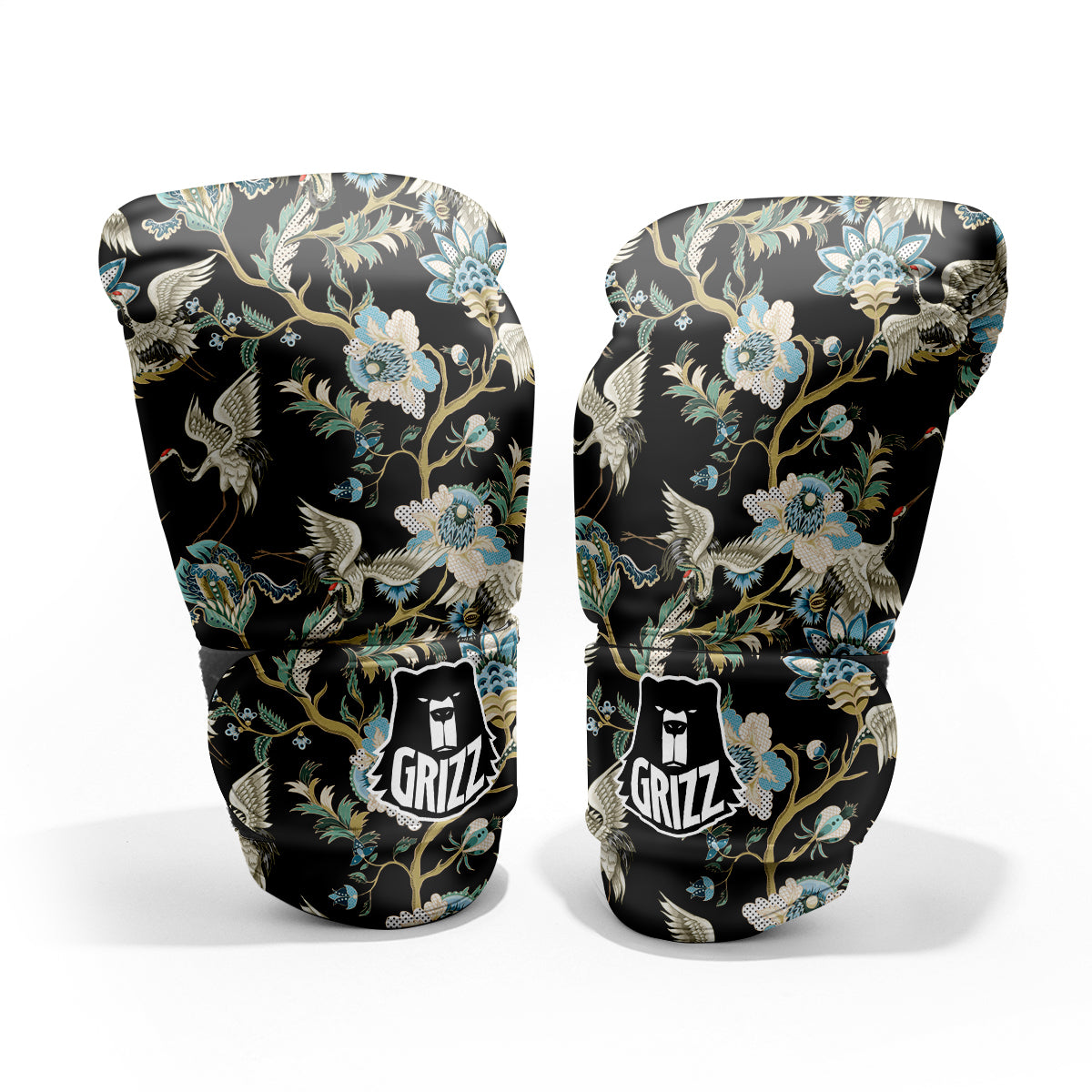 White Cranes Japanese Black Print Pattern Pro Boxing Glove
