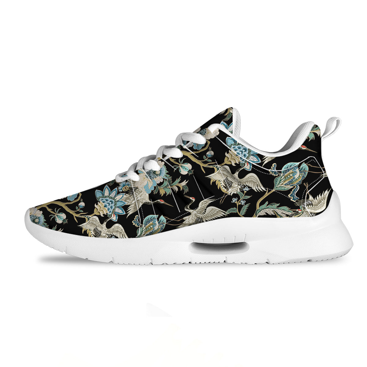 White Cranes Japanese Black Print Pattern Tennis Shoes-grizzshop