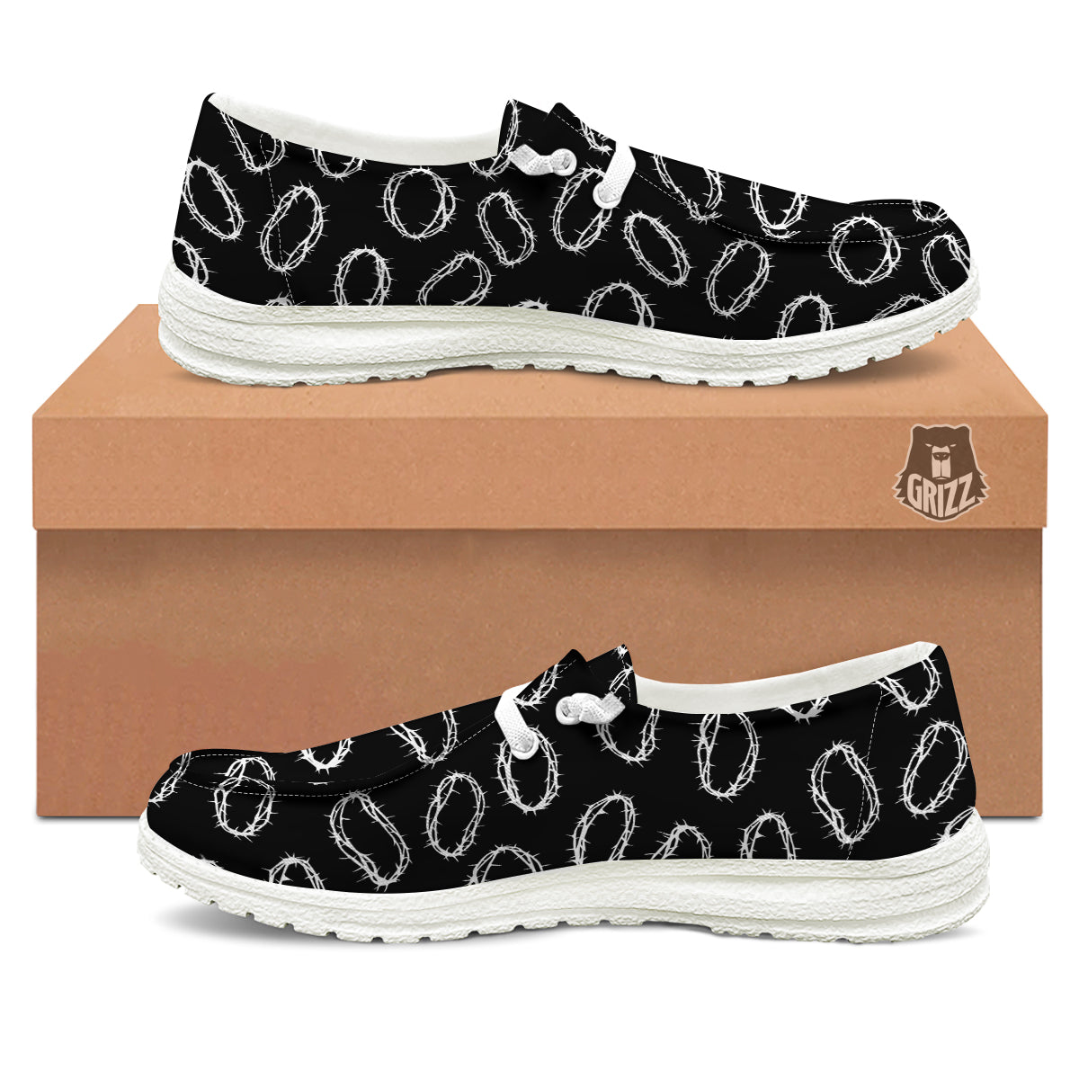 White Crown Of Thorns Print Pattern White Loafers-grizzshop