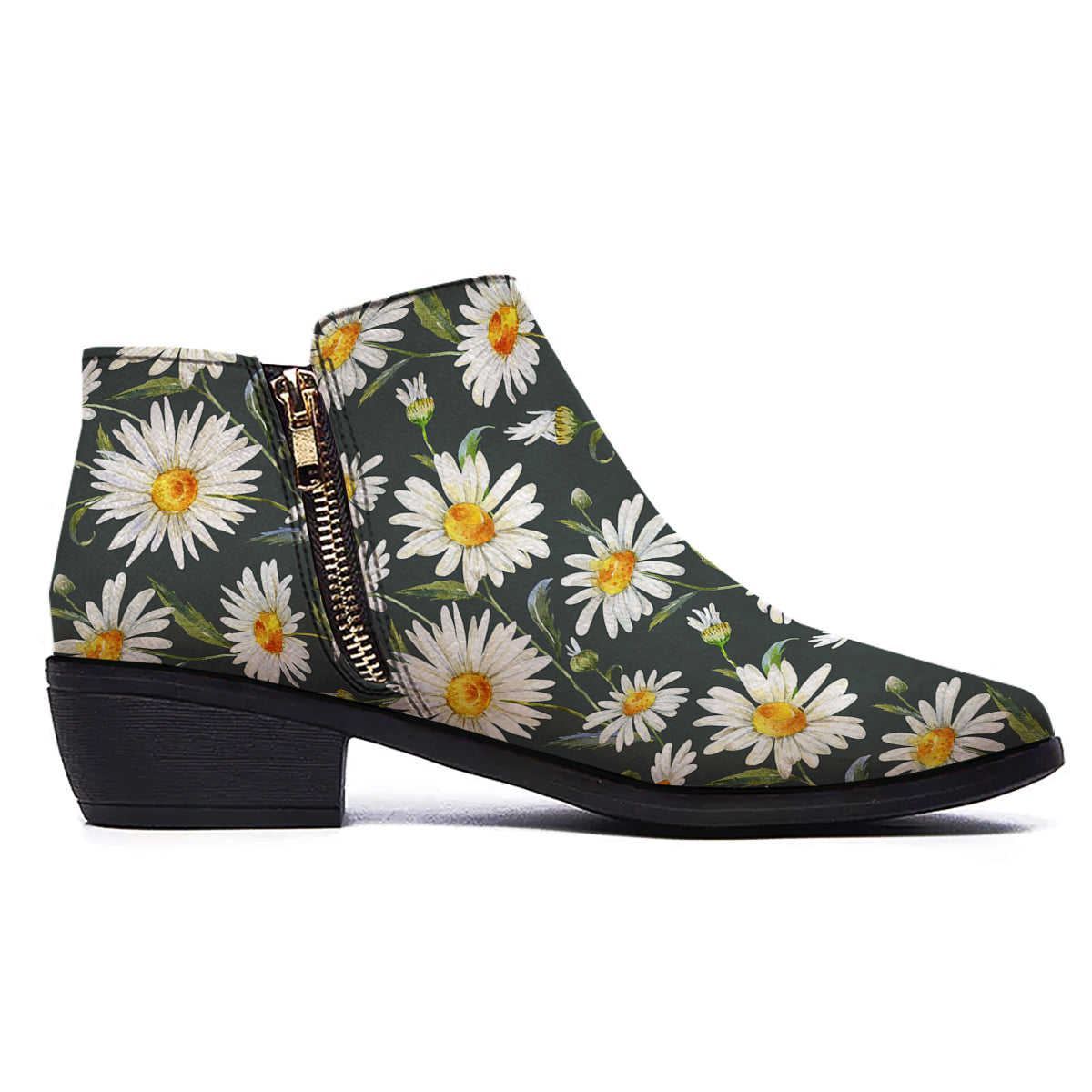 White Daisy Watercolor Print Pattern Ankle Boots-grizzshop