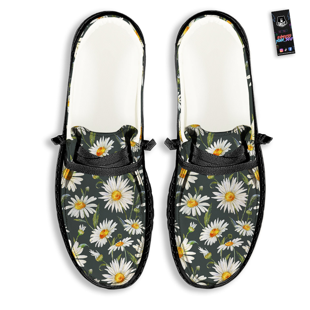 White Daisy Watercolor Print Pattern Black Loafers-grizzshop