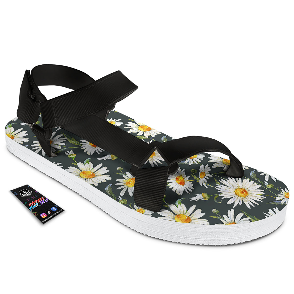 White Daisy Watercolor Print Pattern Black Open Toe Sandals-grizzshop