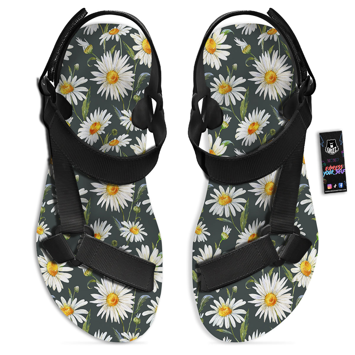 White Daisy Watercolor Print Pattern Black Open Toe Sandals-grizzshop