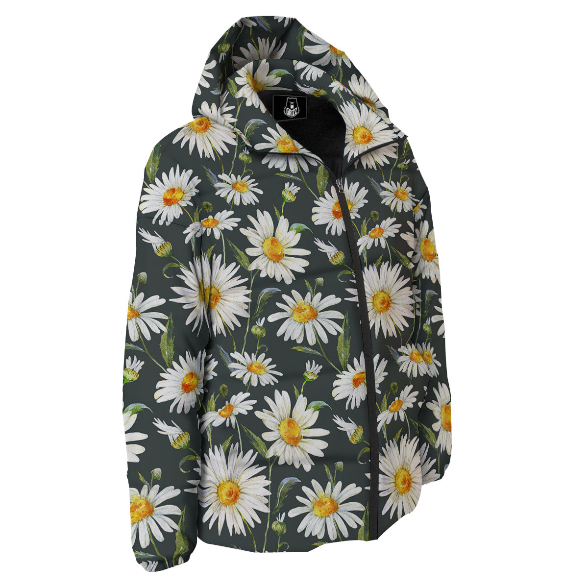 White Daisy Watercolor Print Pattern Down Jacket-grizzshop