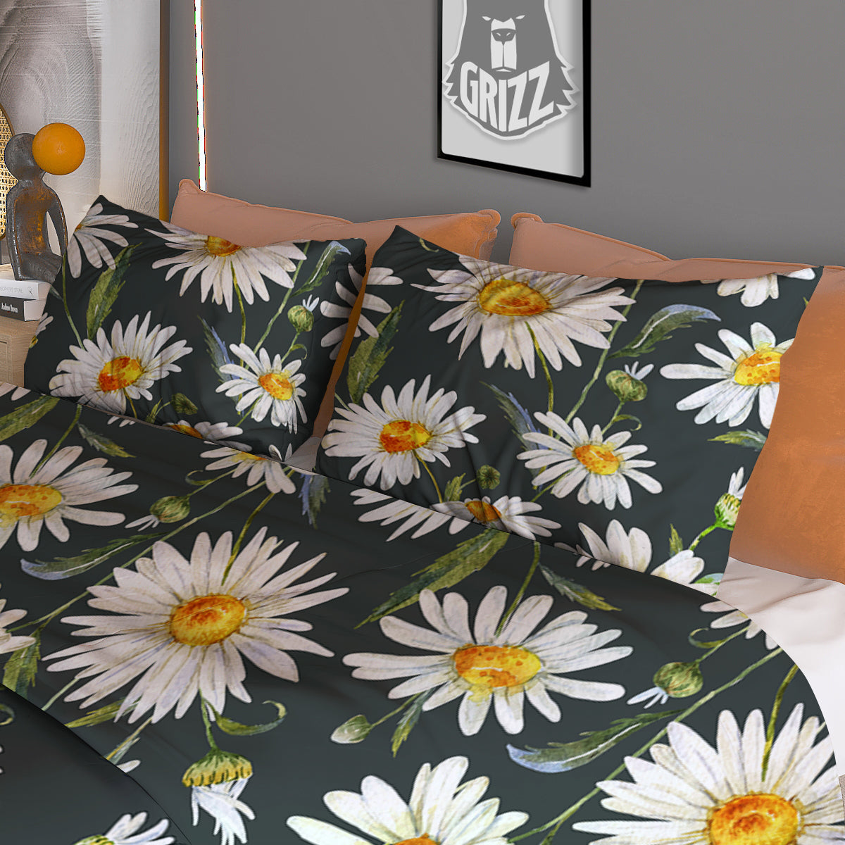 White Daisy Watercolor Print Pattern Duvet Cover Bedding Set