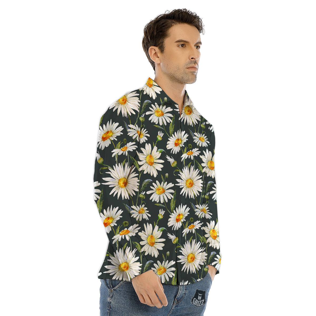 White Daisy Watercolor Print Pattern Men's Dress Shirts-grizzshop
