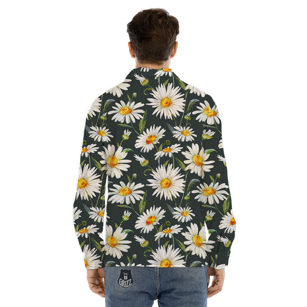 White Daisy Watercolor Print Pattern Men's Dress Shirts-grizzshop