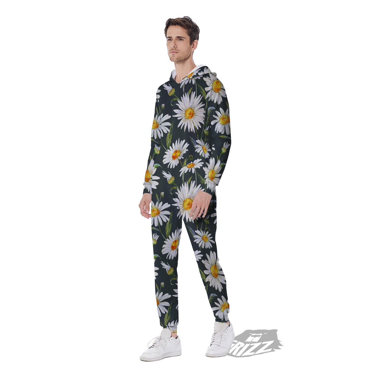 White Daisy Watercolor Print Pattern Men's Jumpsuit-grizzshop