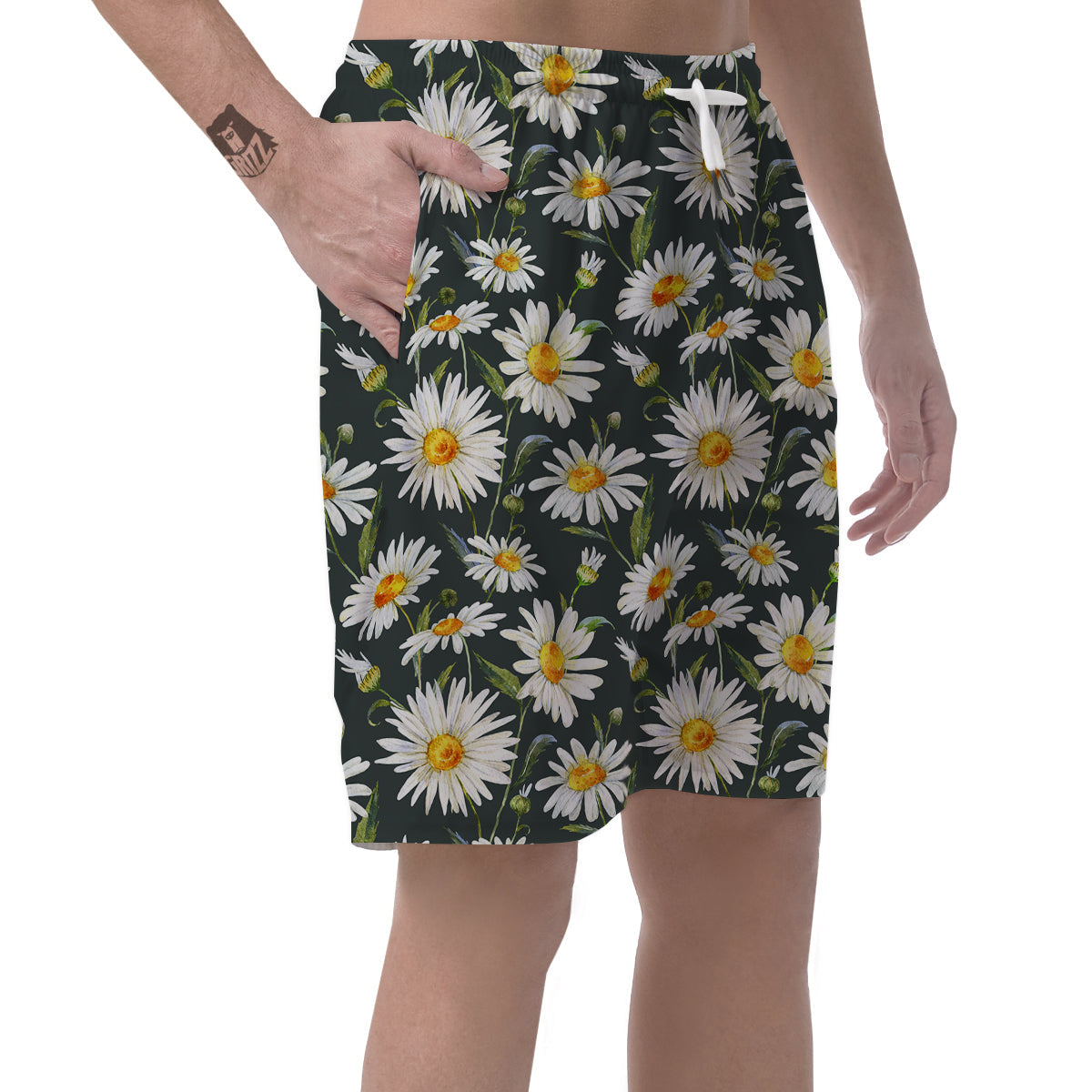 White Daisy Watercolor Print Pattern Men's Shorts-grizzshop