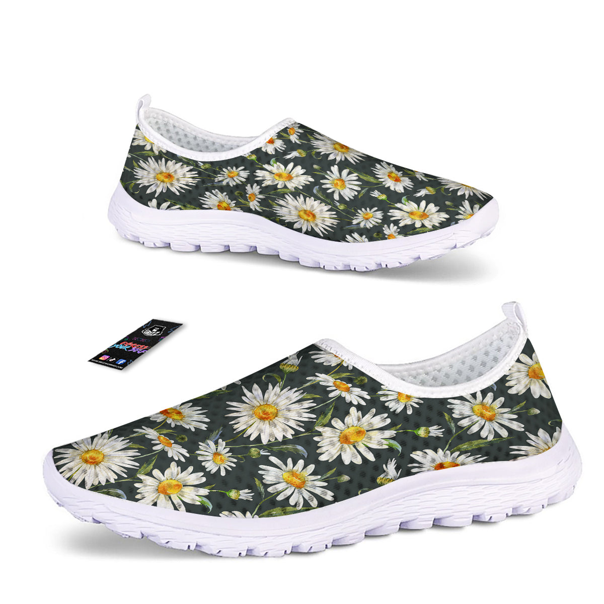 White Daisy Watercolor Print Pattern Nurse Shoes-grizzshop