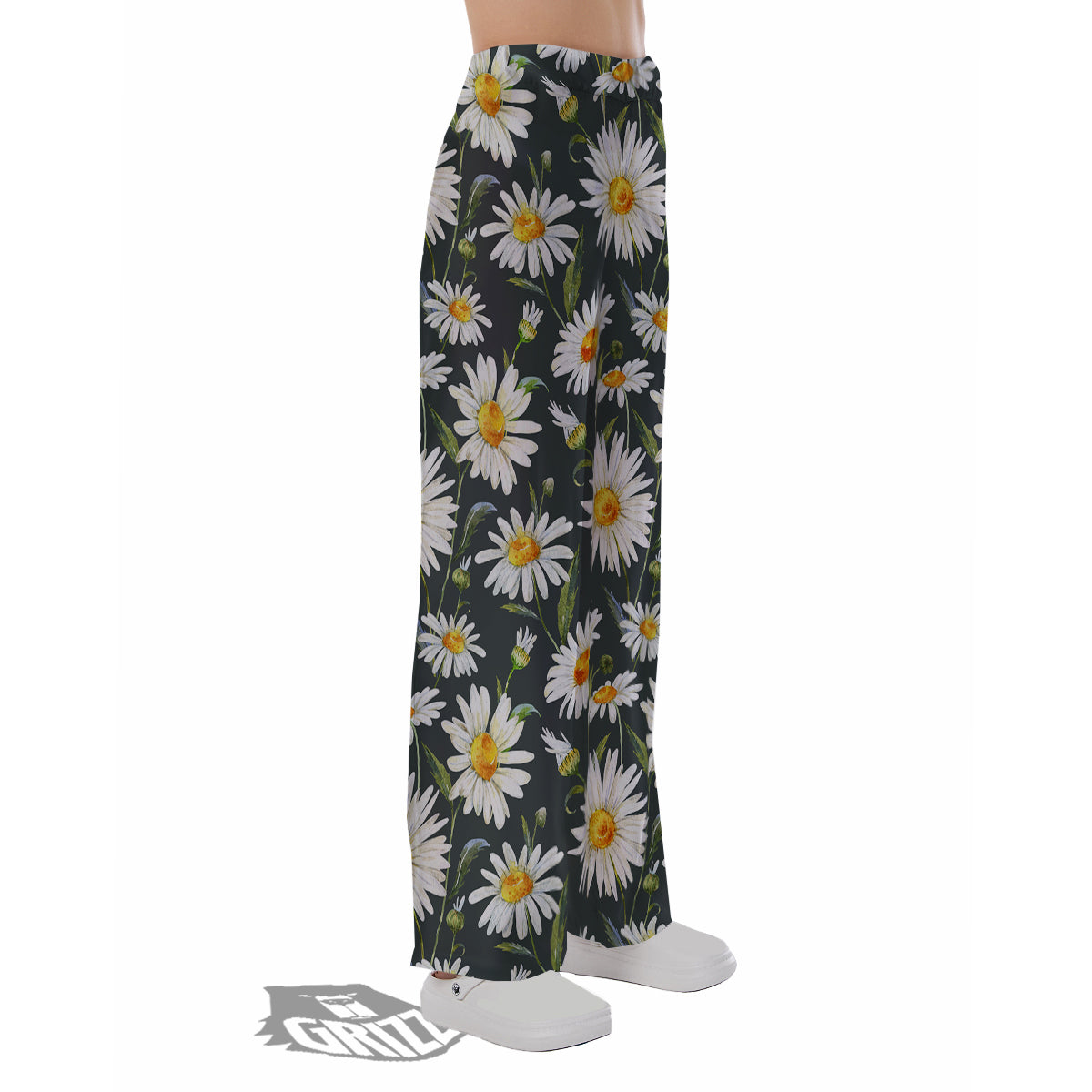 White Daisy Watercolor Print Pattern Pajama Pants-grizzshop