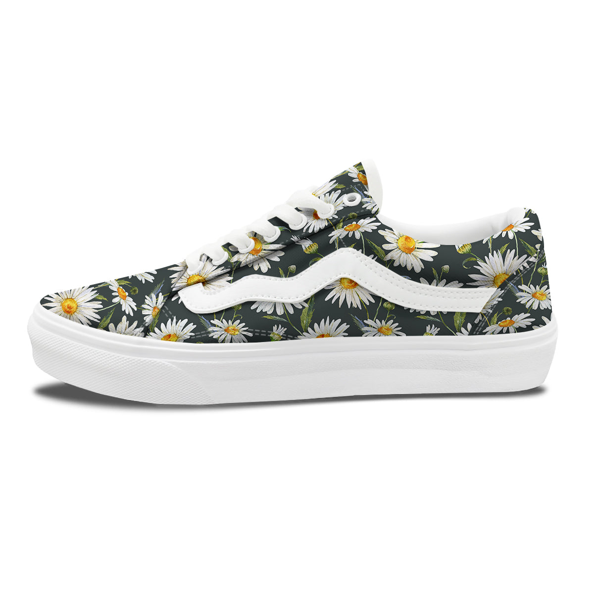 White Daisy Watercolor Print Pattern Skate Shoes-grizzshop