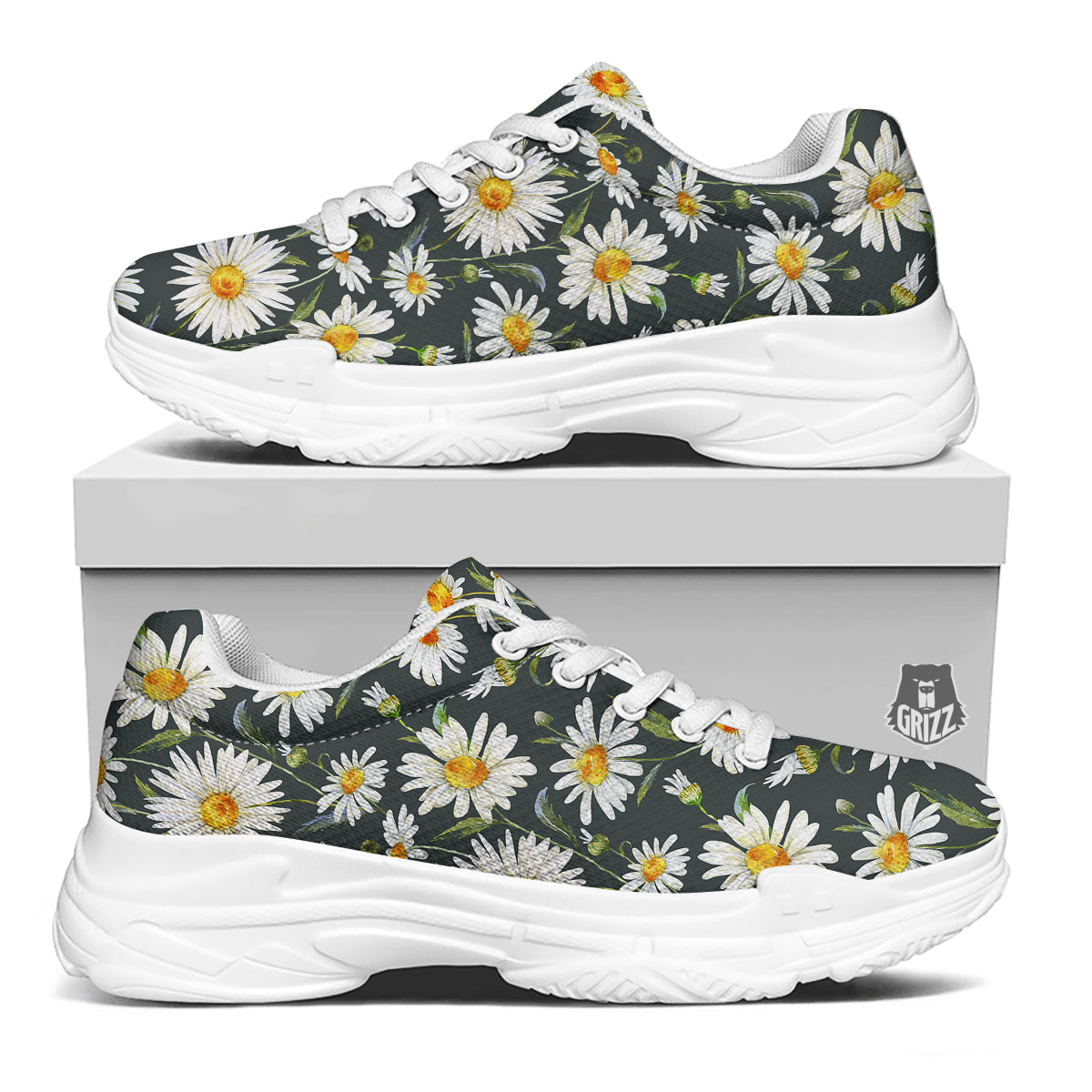 White Daisy Watercolor Print Pattern White Chunky Shoes-grizzshop