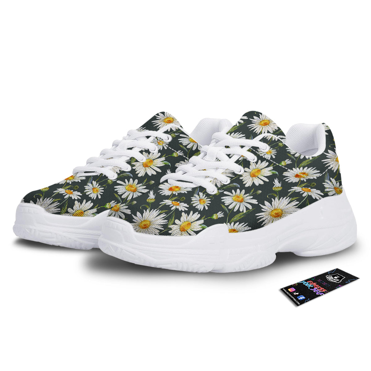White Daisy Watercolor Print Pattern White Chunky Shoes-grizzshop