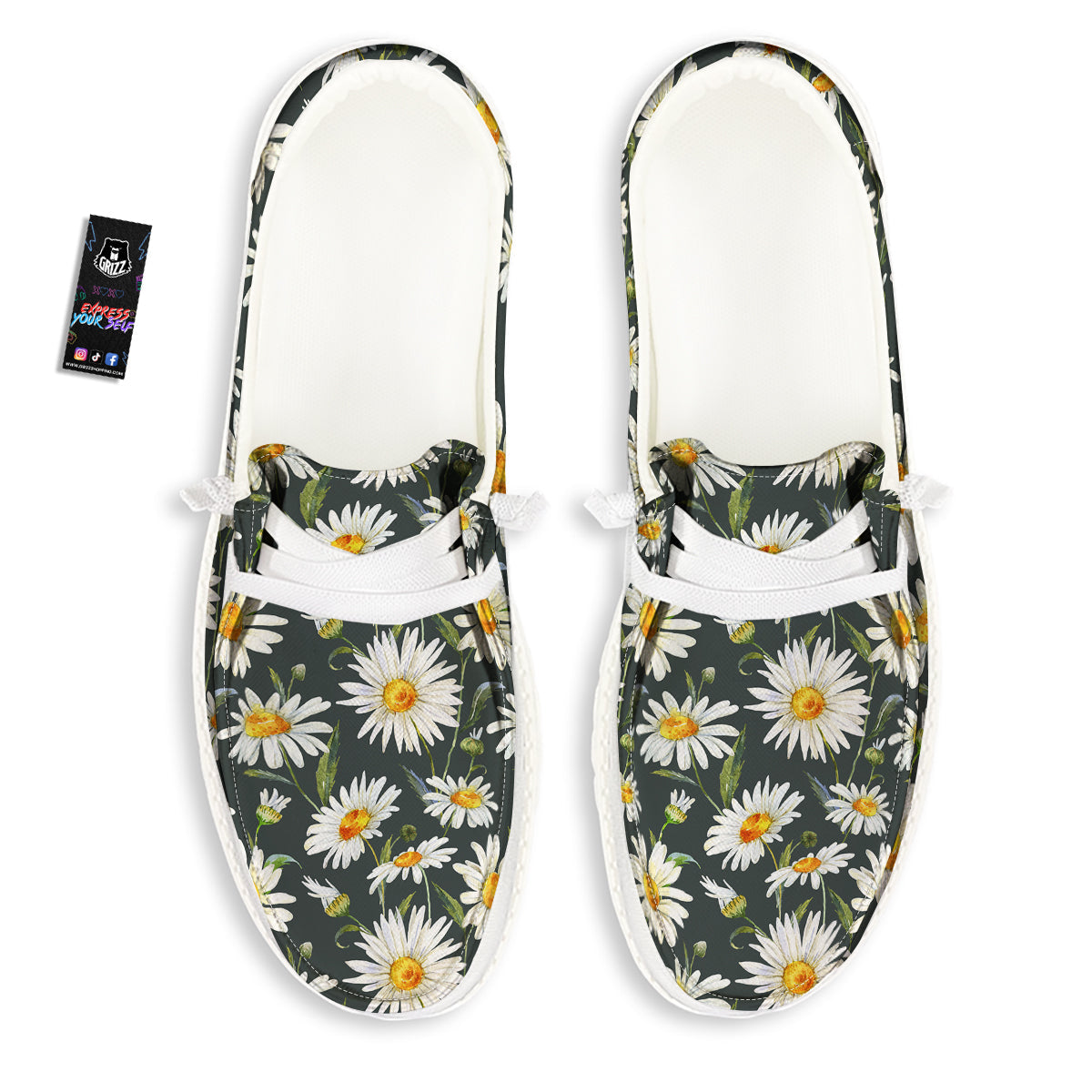 White Daisy Watercolor Print Pattern White Loafers-grizzshop