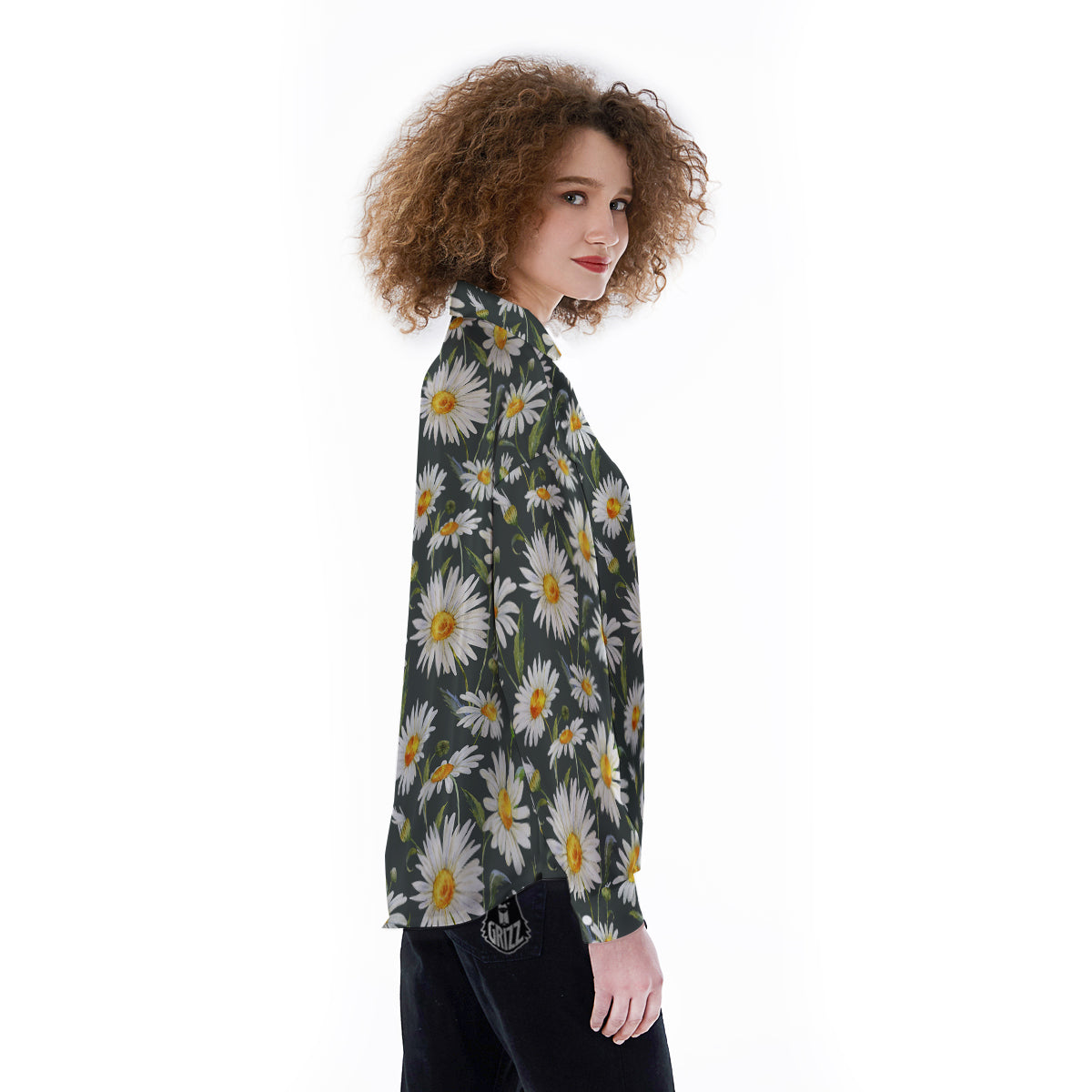White Daisy Watercolor Print Pattern Women's Long Sleeve Shirts-grizzshop