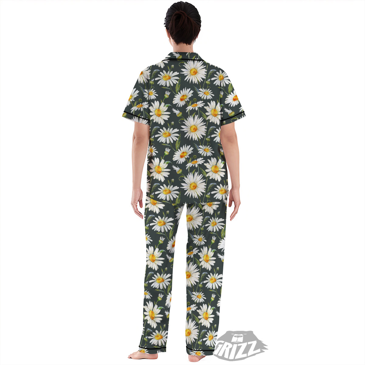 White Daisy Watercolor Print Pattern Women's Pajamas Set-grizzshop