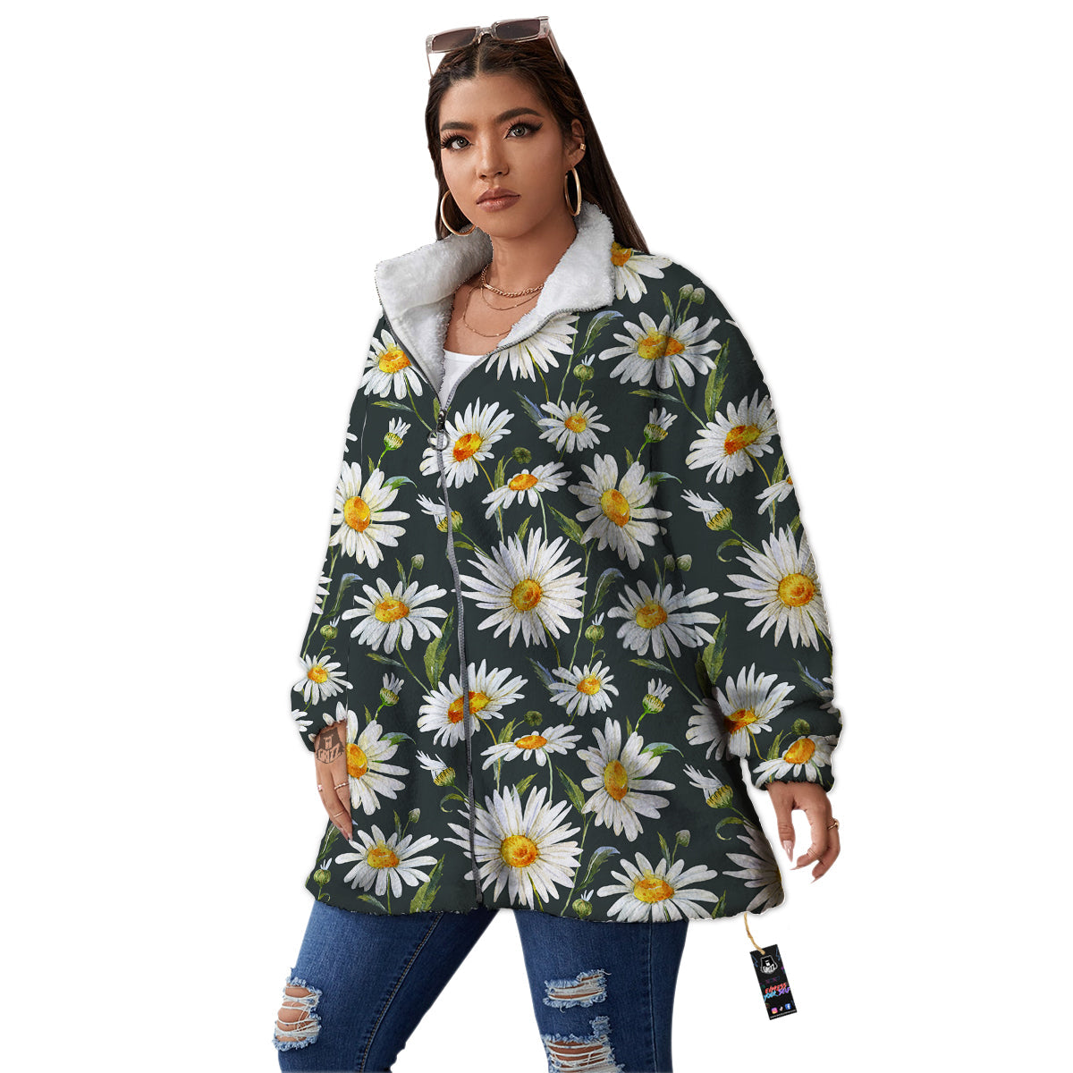 White Daisy Watercolor Print Pattern Women's Sherpa Jacket-grizzshop
