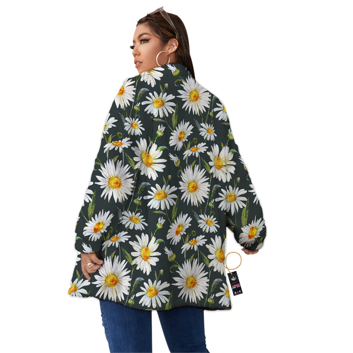 White Daisy Watercolor Print Pattern Women's Sherpa Jacket-grizzshop