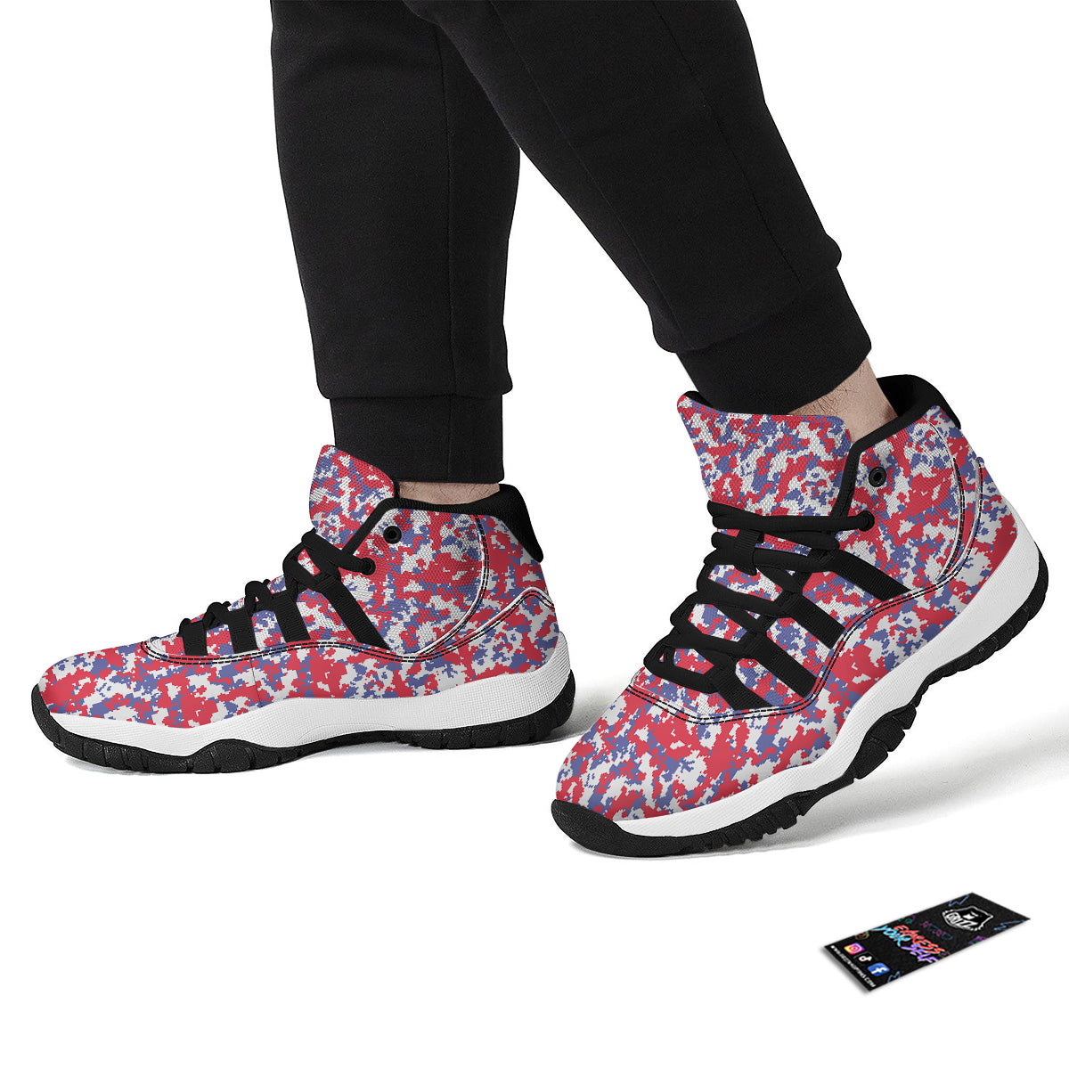 White Digital Camo And Blue Red Print Black Bball Shoes-grizzshop