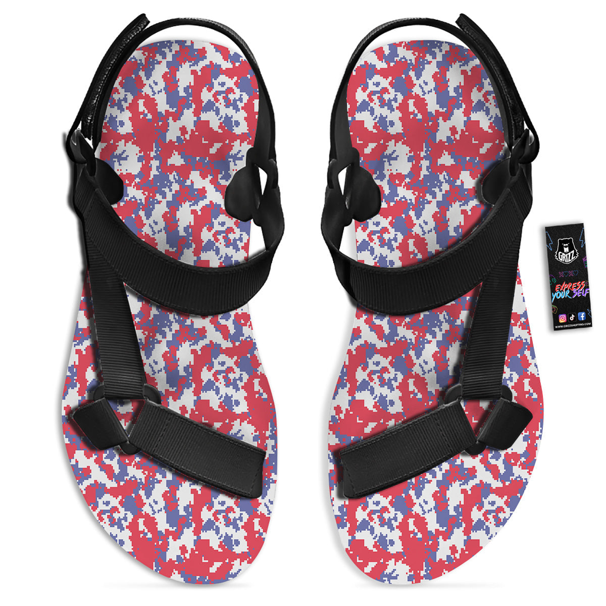 White Digital Camo And Blue Red Print Black Open Toe Sandals-grizzshop
