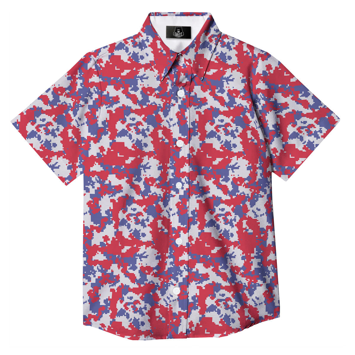 White Digital Camo And Blue Red Print Button Up Shirt-grizzshop