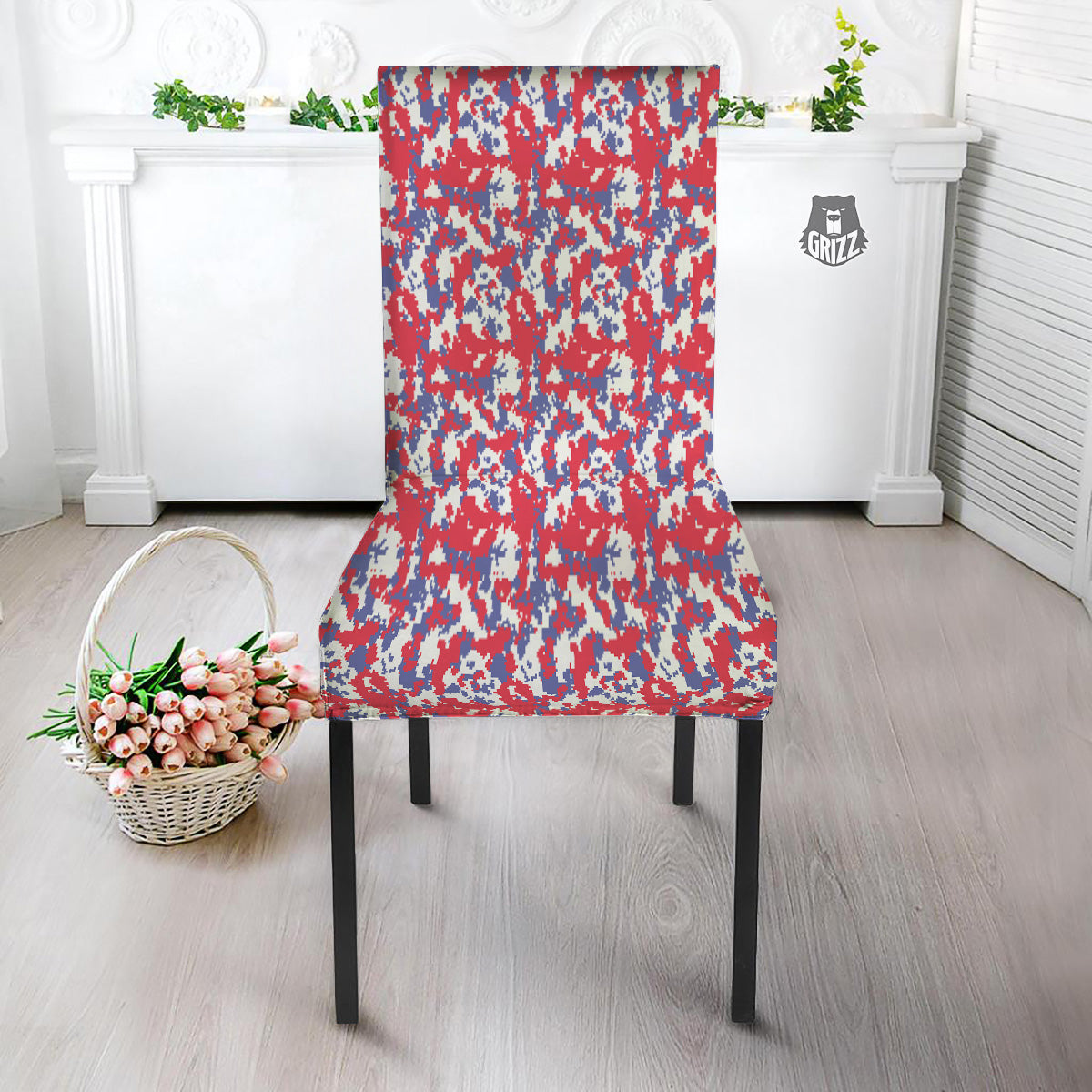 White Digital Camo And Blue Red Print Dining Chair Slipcover-grizzshop