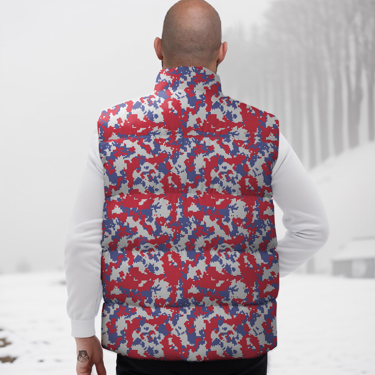 White Digital Camo And Blue Red Print Down Vest