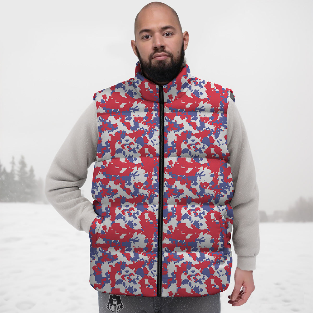 White Digital Camo And Blue Red Print Down Vest