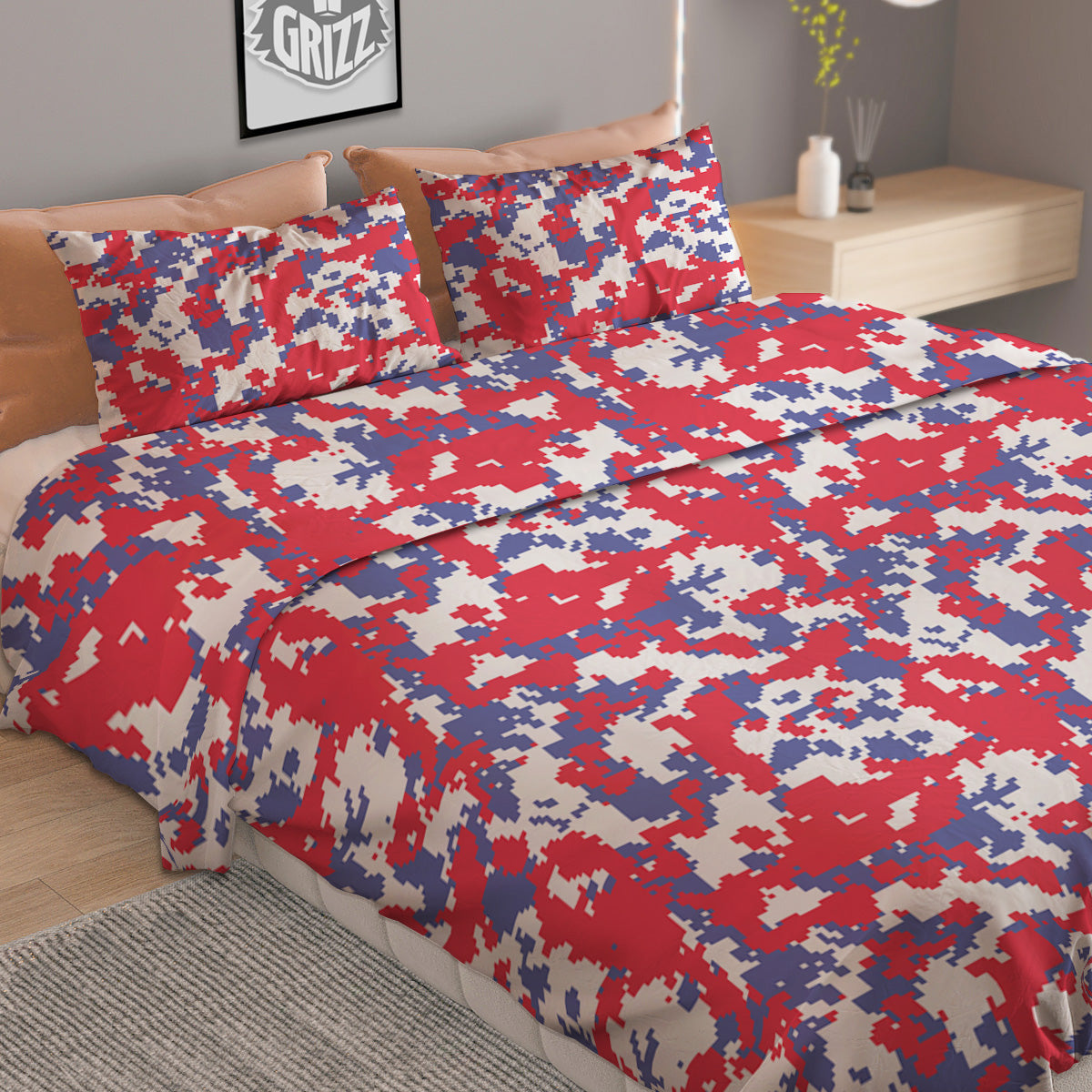 White Digital Camo And Blue Red Print Duvet Cover Bedding Set