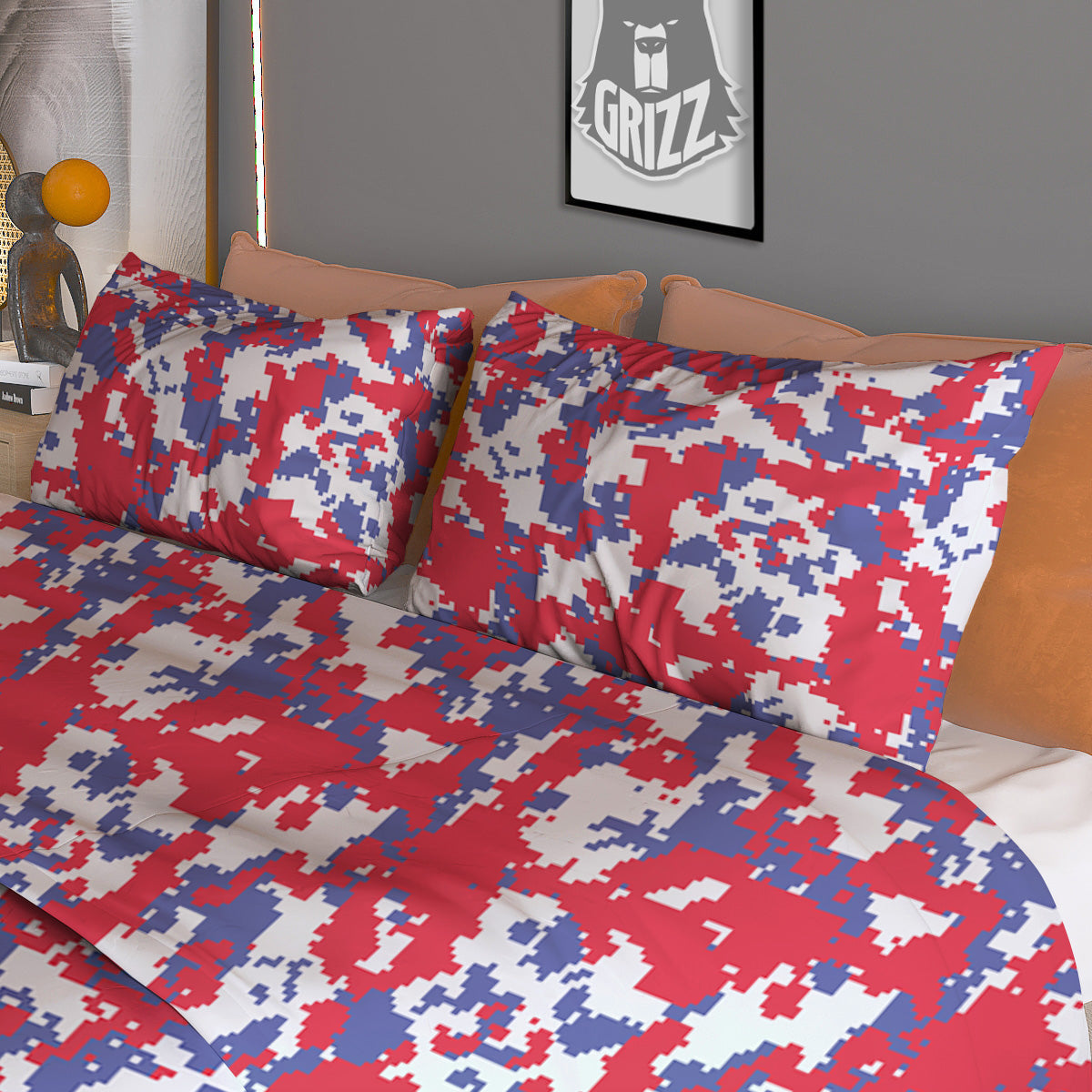White Digital Camo And Blue Red Print Duvet Cover Bedding Set