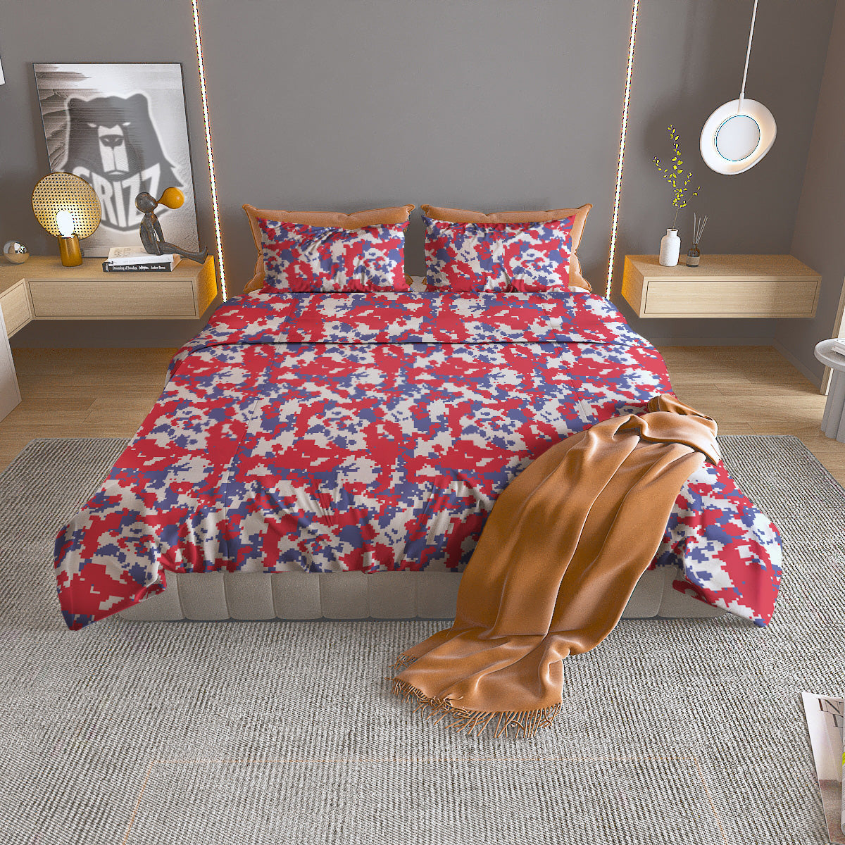 White Digital Camo And Blue Red Print Duvet Cover Bedding Set